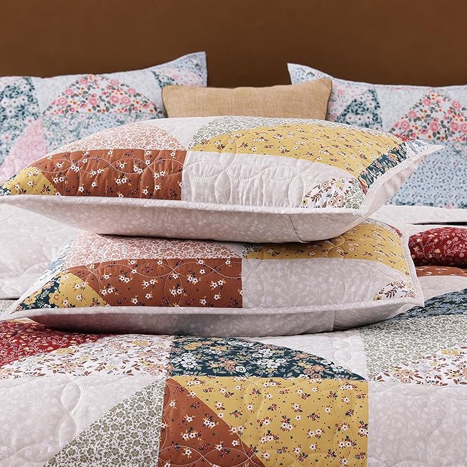 Quilt Set King Size, Patchwork Burnt Orange Floral Quilt Sets, Reversible Bedspread Lightweight and Breathable for All Seasons, Soft Quilted Bedspread with 2 Pillow Shams