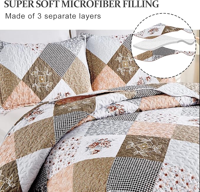 Dinjoy Floral Plaid Patchwork Quilt Set King Size, Reversible Brown Bedding Set Soft Microfiber Lightweight Bedspread Coverlet 3 Piece Fall Autumn Summer Use (104x90 inches)