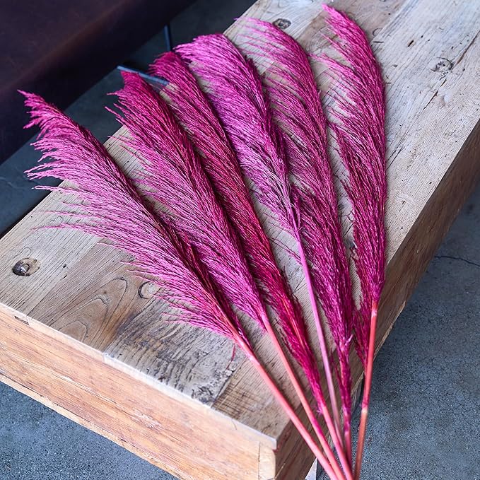 Pampas Grass Decor Tall,Long Pampas, Large Pompas Floral, Elegant Feather Flowers for Wedding Decorations, Living Room Decor (Natural Purple Red, 4pcs 43.3"(110cm))