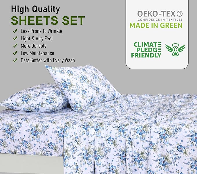 RUVANTI 100% Cotton King Size Sheets Set, 4 Pieces, Soft & Breathable Percale Weave Bedding, Deep Pocket 16", Hotel Standard, Crisp Cool Feel, Durable, Perfect Floral Bed Sheet, Paislyona