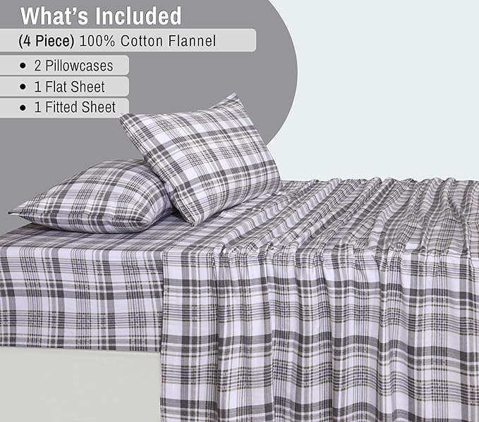 RUVANTI Flannel Sheets King Size - 100% Cotton Brushed King Size Sheets Set - Deep Pockets 16 Inches Bed Sheets - All Seasons Breathable & Extra Soft - Warm & Cozy, 4 Piece, Modest