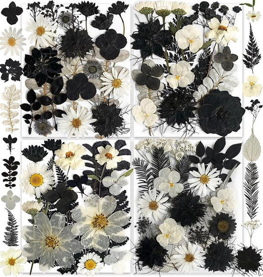 131PCS Black White Dried Pressed Flowers with Butterfly Stickers - YouthBro Real Nature Flowers Craft Set for Craft Resin DIY Jewelry Candle Soap Making Nail Card Scrapbook Art Floral Decors