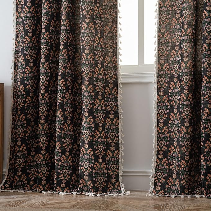 ENJOYBRIDAL Floral Curtains 84 Inch Length 2 Panels Boho Jacquard Drapes Black Cottagecore Living Room Semi Sheer Window Curtain Panels Farmhouse Bedroom Chic Decor Rod Pocket Tassel Window Treatments
