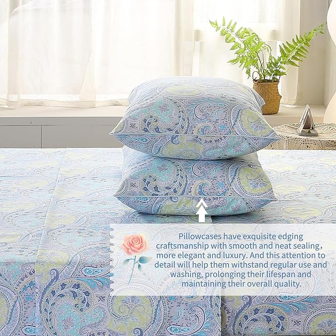 RYNGHIPY Cotton Sheets Floral Print King Size Sheet Sets Flower Botanical Pattern Egyptian Cotton Bed Sheets Soft and Breathable Deep Pockets (Blue,King Size)