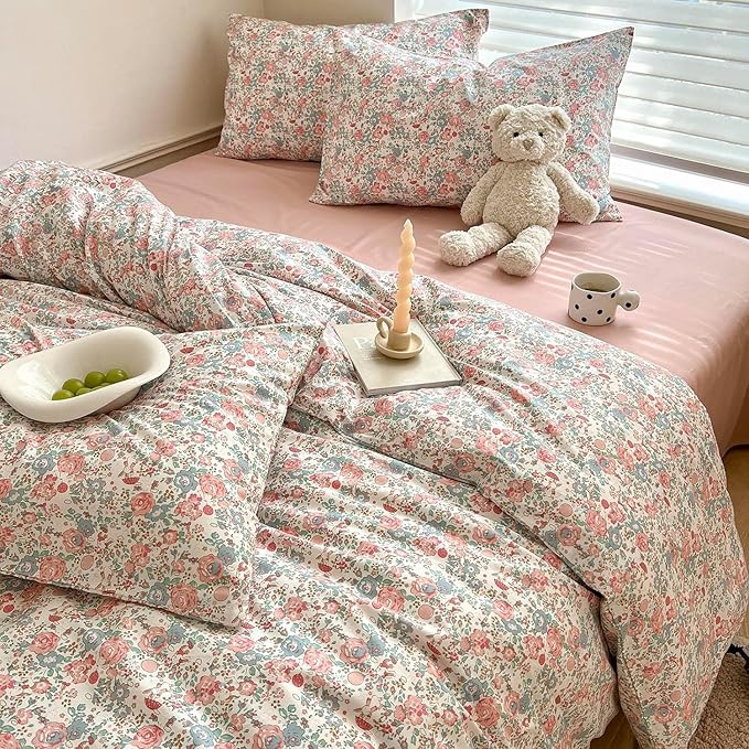 LIFETB Pink Floral Comforter Set Full Cute Girl Floral Bedding Comforter Set for Full Size Bed Chic Garden Style Flower Comforter with 2 Pillowcases Vintage Botanical Bedding Comforter Set All Season