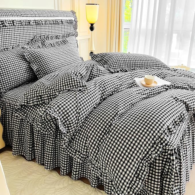 LifeTB Queen Comforter Set Black Gingham Comforter Vintage Ruffle Checkered Pattern Comforter Set Boho Grid Plaid Bedding Comforter Fluffy Soft Chic Gingham Bedding Set Queen Size for All Season