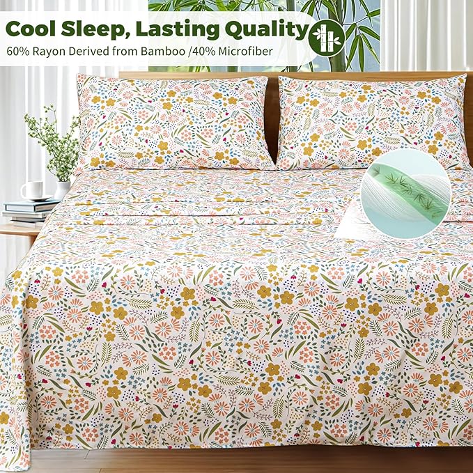 Bedlifes California King Floral 4-Piece Sheet Set - Cooling Sheets Blend Rayon Derived from Bamboo,Soft & Breathable, Deep Pocket 16", Wrinkle Resistant - Featuring Floral