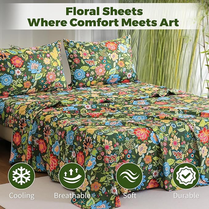 Bedlifes Queen Floral 4-Piece Sheet Set - Cooling Sheets Blend Rayon Derived from Bamboo,Soft & Breathable, Deep Pocket 16", Wrinkle Resistant - Vibrant Boho Floral Dark Green