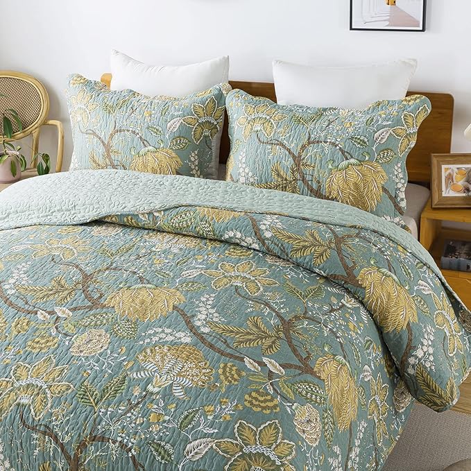 Travan 3-Piece Quilt Set Quilted Bedspread Cotton Coverlet Set Floral Printed Oversized Quilted Bedding Set with Shams for All Season, Green Vine, Queen Size