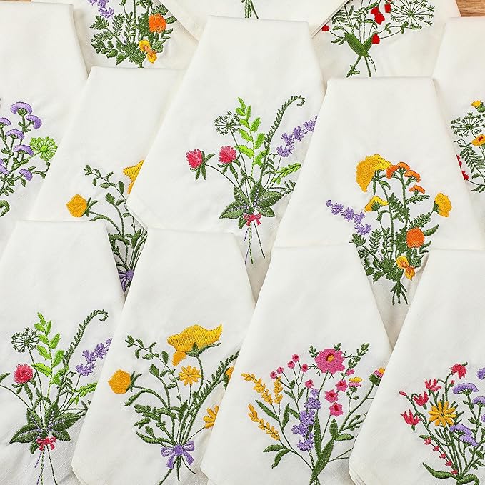 Tioncy 24 Pcs Christmas Floral Cloth Napkins Decorations Bulk Embroidered Wildflower Dinner Napkins Tea Cocktail Party Gifts Xmas Stocking Stuffers for Holiday Table Decor (White)