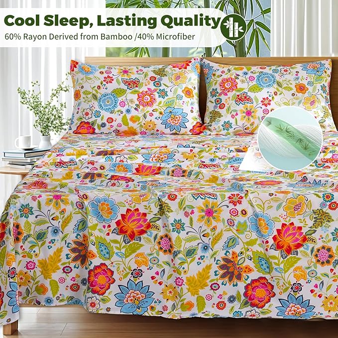 Bedlifes King Floral 4-Piece Sheet Set - Cooling Sheets Blend Rayon Derived from Bamboo,Soft & Breathable, Deep Pocket 16", Wrinkle Resistant - Vibrant Boho Floral Spring Design