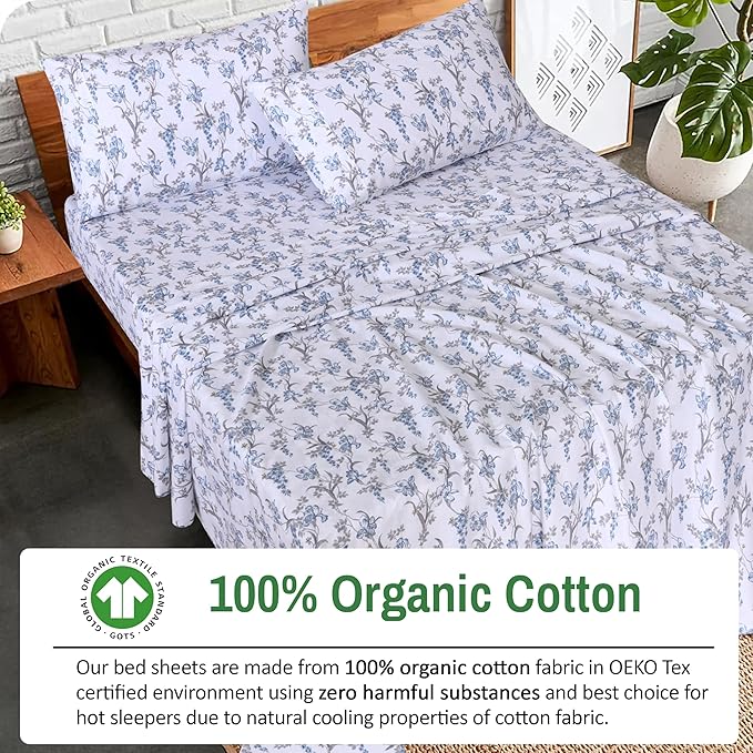 RUVANTI 100% Organic Cotton Sheets Queen Size, Percale Weave, GOTS Certified, 4-Piece Set, Deep Pocket 15", Crisp & Breathable, Soft Durable Bedding, Sábanas Algodón Orgánico – Deluxe