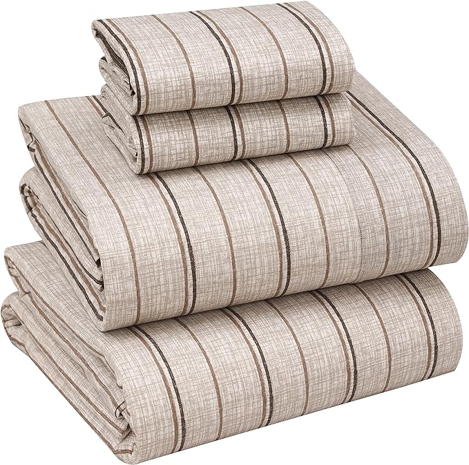 RUVANTI 100% Cotton Full Size Bed Sheets, 4 Pieces, Soft & Breathable Percale Weave Bedding, Deep Pocket 16", Hotel Standard, Crisp Cool Feel, Durable, Perfect Sheet Set Striped, Brown Stripes