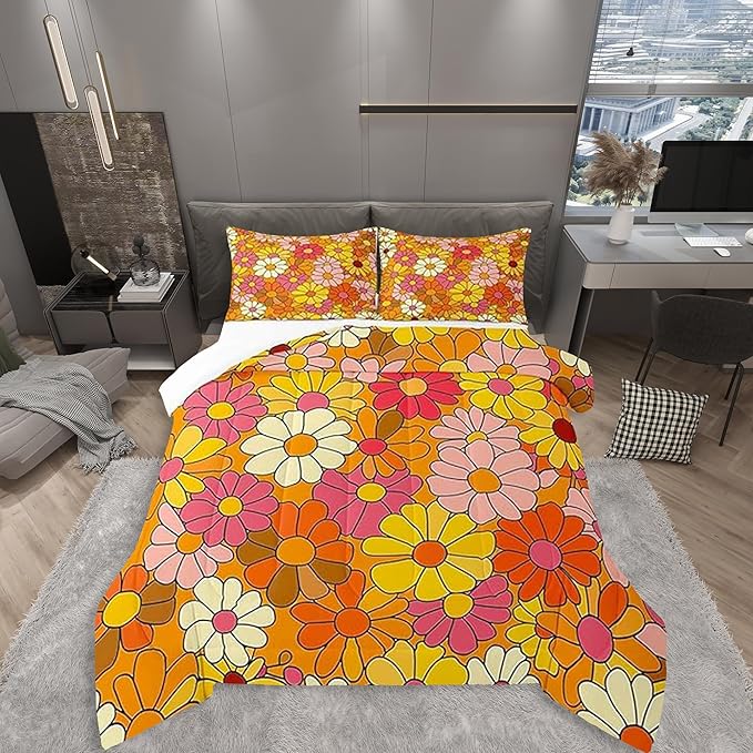 Castle Fairy Bohemian Flowers Comforter Set Full Size,70s Floral Bedding Comforters for Girls Teens,Hippie Retro Groovy Botanical Down Comforter with 2 Pillowcases,Chic