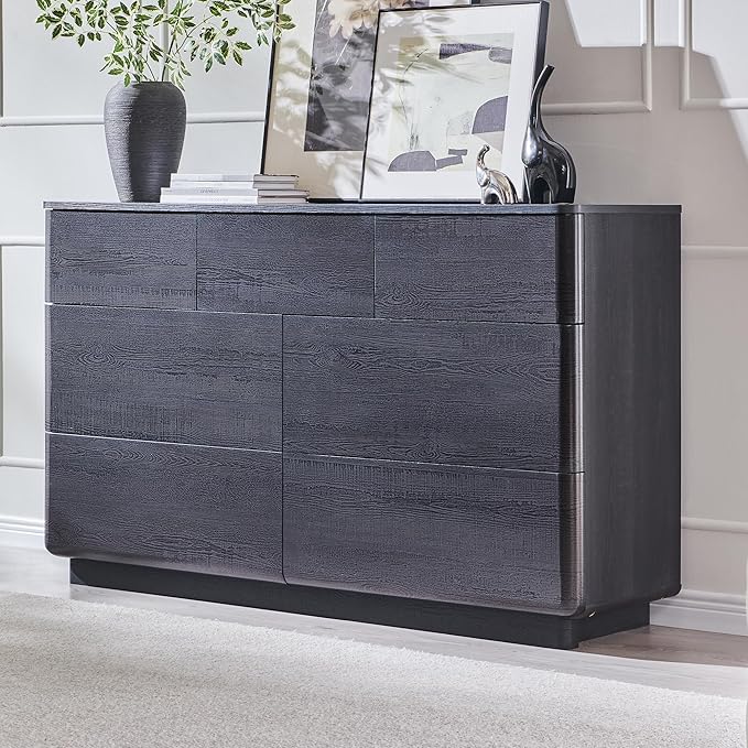JXQTLINGMU 7 Drawer Dresser for Bedroom, Modern Push-to-Open Chest of Drawers, Large Wood Storage w/Curved Profile & Handleless Design, 52" Wide Dresser TV Stand for Bedroom, Living Room, Black