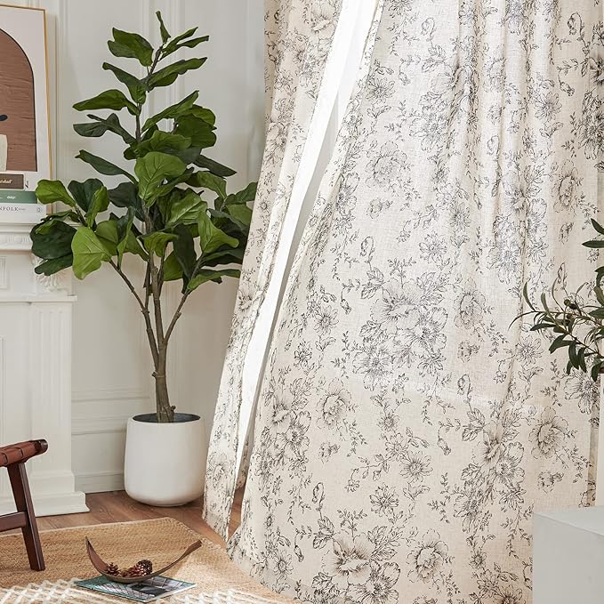 jinchan Linen Floral Curtains Extra Wide for Patio Sliding Glass Door Room Divider Curtain for Living Room 108 Inch Length Farmhouse Peony Black Printed Curtain Set 1 Panel