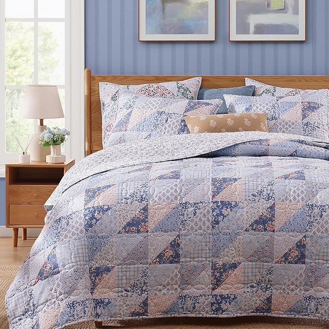 Quilt Set Twin Size, Patchwork Blue Pink Marigold Floral Quilt Sets, Reversible Bedspread Lightweight and Breathable for All Seasons, Soft Quilted Bedspread with 1 Pillow Sham