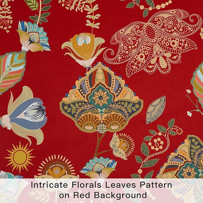 XiDi Vintage Floral Curtains 90 Inches Long for Bedroom Living Room Red Patterned Blackout Curtains 2 Panels Thermal Insulated Luxury Curtains Flower Botanical Leaf Printed Grommet Drapes Red 52x90