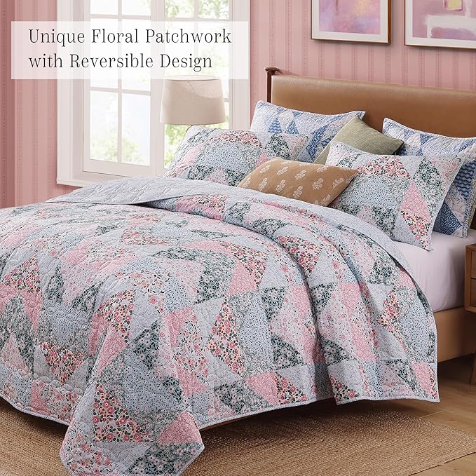 Quilt Set Twin Size, Patchwork Pink Floral Quilt Sets, Reversible Bedspread Lightweight and Breathable for All Seasons, Soft Quilted Bedspread with 1 Pillow Sham