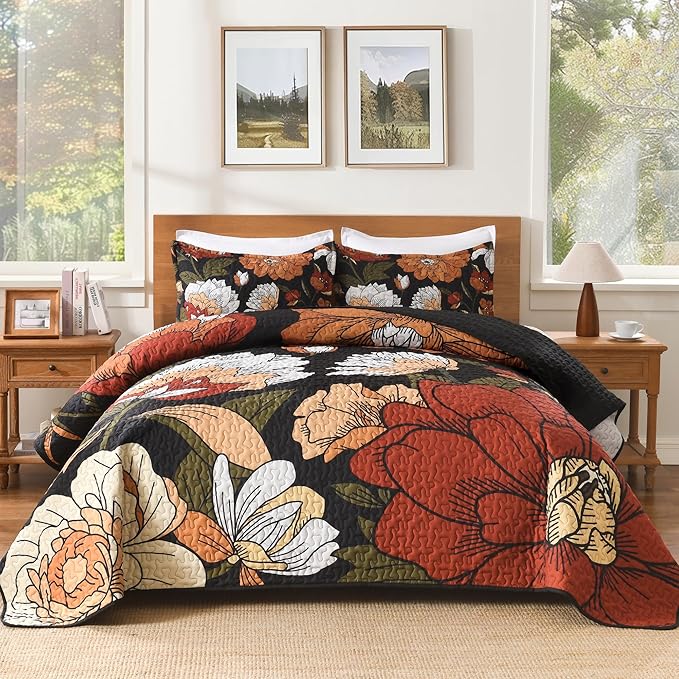Andency Floral Boho Super King Quilt Bedding Set Black, 3 Pieces Farmhouse Flower Botanical Bedspreads with 2 Shams, Soft Reversible Lightweight Microfiber Coverlet Set for All Season, 120"x120"