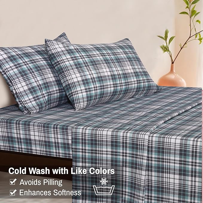 RUVANTI Flannel Sheets Full Size - 100% Cotton Double Brushed Bed Sheets Set, Deep Pockets 16 Inches, All Seasons Breathable & Extra Soft Full Sheets, Warm & Cozy, 4 Piece, Mint Grey