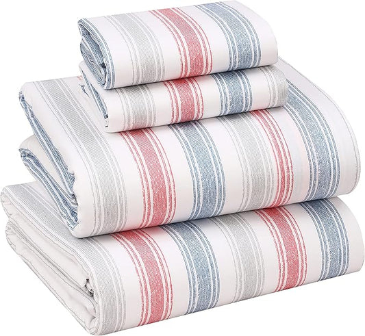 RUVANTI 100% Cotton King Size Sheets Set, 4 Pieces, Soft & Breathable Percale Weave Bedding, Deep Pocket 16", Hotel Standard, Crisp Cool Feel, Durable, Perfect Striped Bed Sheet, Times