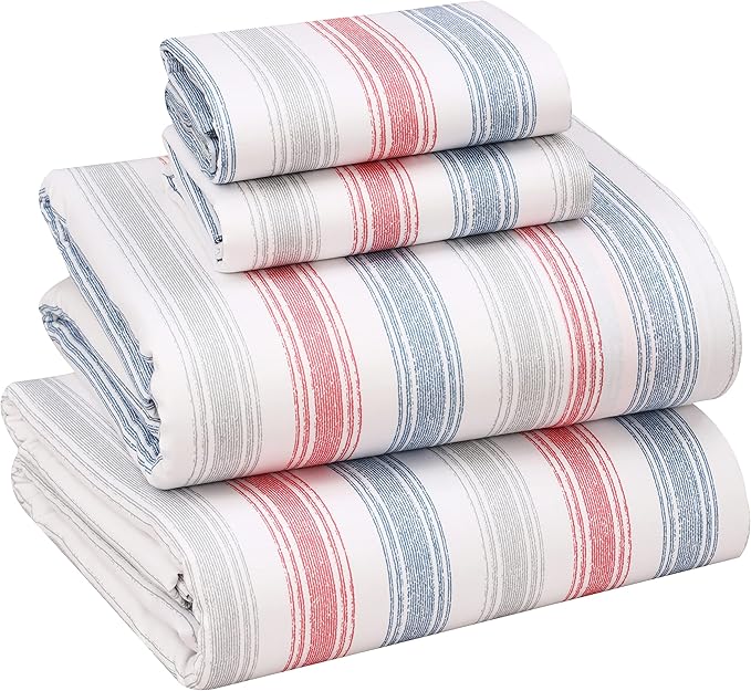 RUVANTI 100% Cotton Full Size Bed Sheets, 4 Pieces, Soft & Breathable Percale Weave Bedding, Deep Pocket 16", Hotel Standard, Crisp Cool Feel, Durable, Perfect Sheet Set Striped, Times
