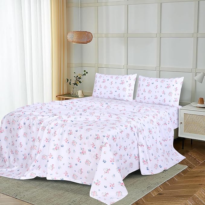 RUVANTI 100% Cotton King Size Sheets Set, 4 Pieces, Soft & Breathable Percale Weave Bedding, Deep Pocket 16", Hotel Standard, Crisp Cool Feel, Durable, Perfect Floral Bed Sheet, Funa Flora