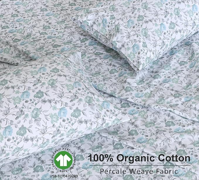 RUVANTI 100% Organic Cotton Sheets Twin XL, Percale Weave, GOTS Certified, 3-Piece Set, Deep Pocket 15", Crisp & Breathable, Soft Durable Bedding, Sábanas Algodón Orgánico – Cold Chrysanthemum