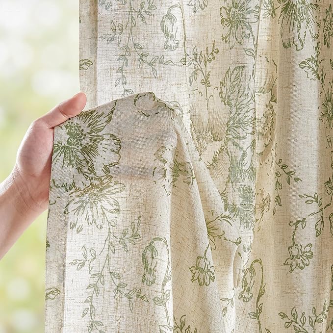 jinachan Linen Blend Floral Curtains for Living Room 84 Inch Length Christmas Sage Green Printed Curtain Rod Pocket Back Tab Farmhouse Peony Flower Patterned Drapes Bedroom Curtains Set 2 Panels
