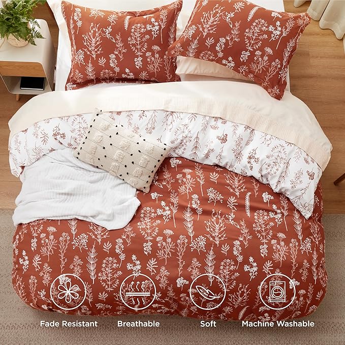Bedsure Duvet Cover King Size - Reversible Terracotta King Duvet Cover Set with Zipper Closure, 3 Pieces Floral Patterned Bedding Set with 8 Corner Ties and 2 Pillow Shams
