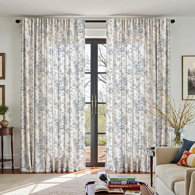 jinchan Linen Floral Curtains Extra Wide for Patio Sliding Glass Door Room Divider Curtain for Living Room 96 Inch Length Farmhouse Peony Blue Printed Curtain Set 1 Panel