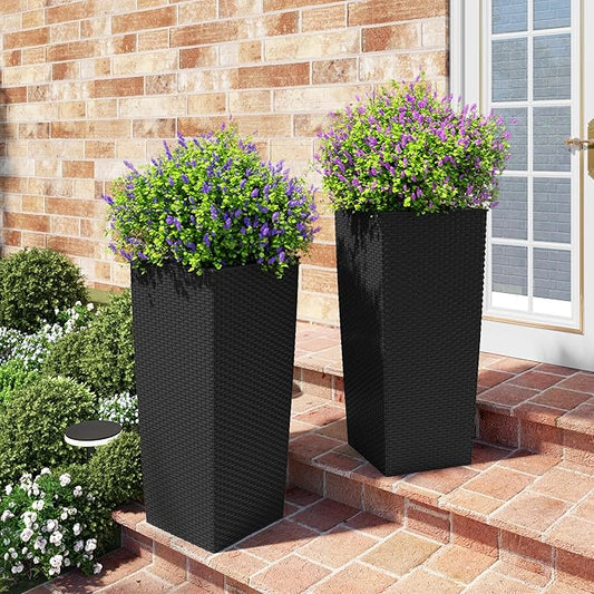 23in Tall Planter Set of 2, Large Self Watering Pots for Indoor/Outdoor Plants with Drain Holes, Water Level Monitor, Inner Bucket for Front Porch Patio, Black Rattan