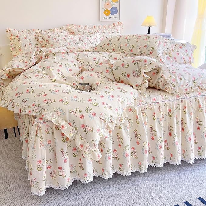 EAVD French Garden Style Ruffle Pink Flower Duvet Cover King Soft Cotton Shabby Chic Pink Flower Bedding Set with 2 Pillowcases Romantic Botanical Print Duvet Cover with Zipper Closure