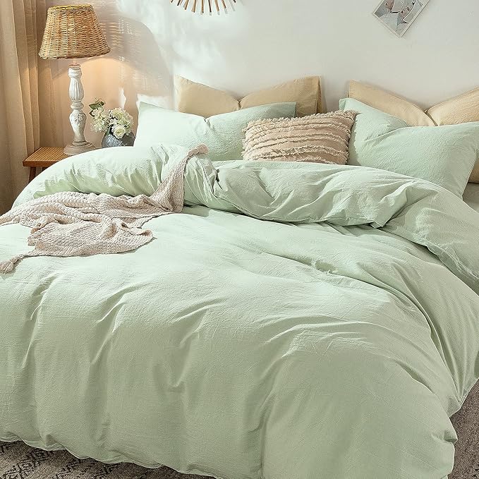 MooMee Bedding Duvet Cover Set 100% Washed Cotton Linen Like Textured Breathable Durable Soft Comfy (Heathered Seaglass Green, Full 80"x90")