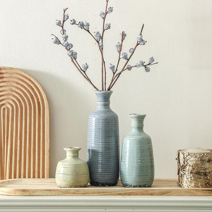 Ceramic Vase Set of 3, Rustic Neutral Vases Home Decor Farmhouse Decorative Flower Vase Modern Boho Pampass Vases for Table Mantel Entryway Shelf Living Room Kitchen Bathroom - Multicolor