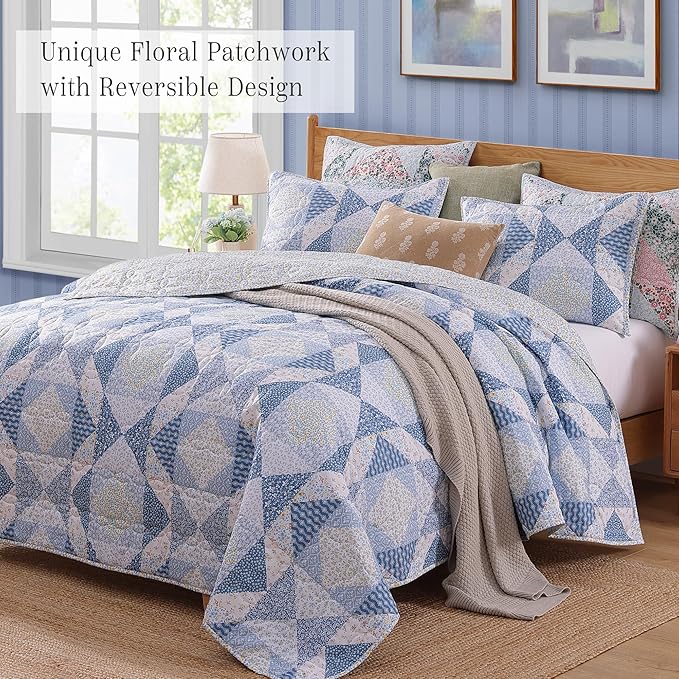 Quilt Set King Size, Patchwork Blue Marigold Floral Quilt Sets, Reversible Bedspread Lightweight and Breathable for All Seasons, Soft Quilted Bedspread with 2 Pillow Shams