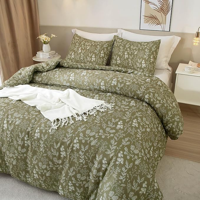 EAVD Vintage Style Garden Olive Green Floral Duvet Cover Twin XL Soft Cotton Chic Shabby Cute Floral Bedding Set with 2 Pillowcases Fresh Reversible Botanical Duvet Cover with Zipper Closure