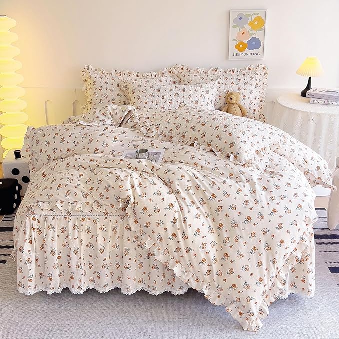 EAVD French Garden Cute Floral Duvet Cover with Ruffles Soft Cotton Chic Romantic Floral Bedding Set with 2 Pillowcases Fresh Botanical Duvet Cover with Zipper Closure