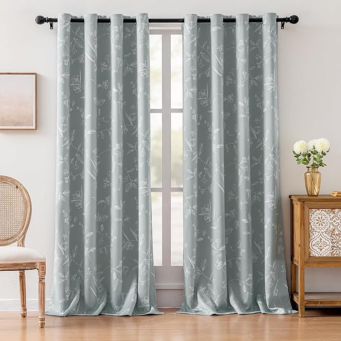 ChrisDowa Grey 100% Blackout Floral Curtains 108 Inches Long 2 Panels for Bedroom Living Room White Flower Patterned Room Darkening Thermal Insulated Soundproof Grommet Window Treatments Drapes,52X108