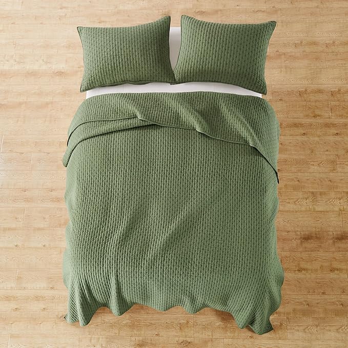 Levtex Home Cross Stitch Reversible Full Bedspread Set (100x104in) with 2 Pillow Shams (26x20in) - Stitch Texture - Forest Green - Cotton Full Size Bedspread Set - Lightweight, Soft, Pre-Washed