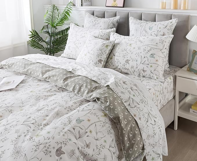 FADFAY Duvet Cover Set Full Colorful Butterfly Bedding Vintage Botanical Comforter Cover Set Shabby Branches Bedding 100% Cotton Ultra Soft Quilt Cover with Hidden Zipper Closure 3Pcs, Full Size