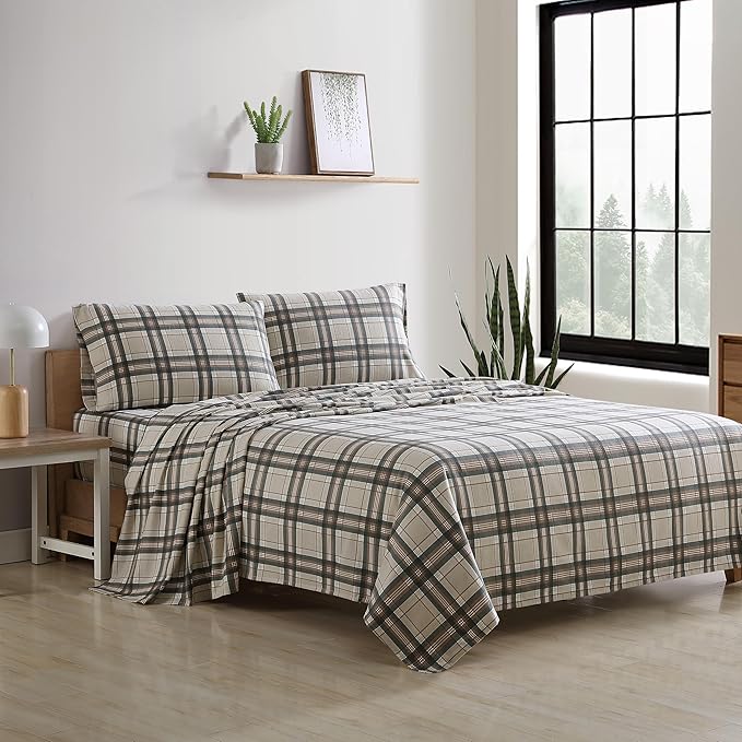 Eddie Bauer - Flannel Sheets King Size, Anti-Pilling & Wrinkle Resistant Cotton, Touchably Soft for All-Season Comfort - Bed Sheets with Matching Pillowcases & Fitted Sheet (Edgewood Plaid Green)