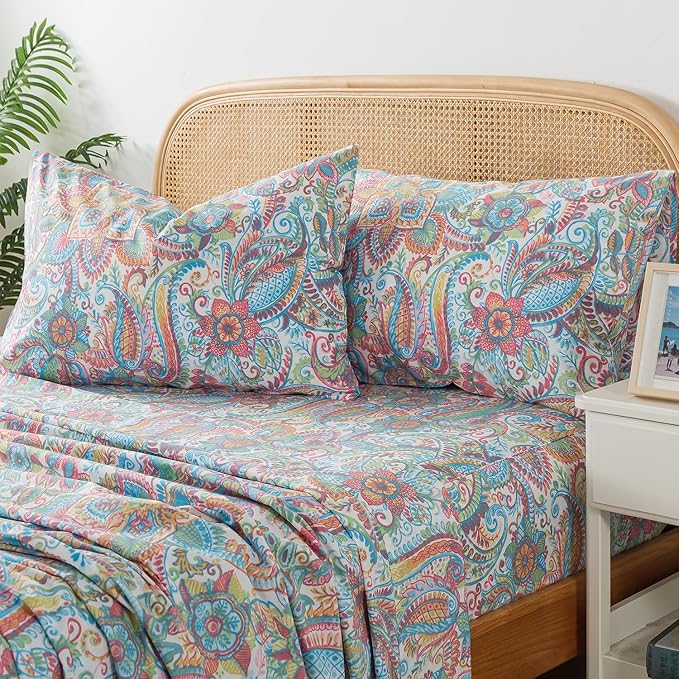 Zusbest Queen Size Bed Sheet Set 100% Cotton Pink Green Paisley Floral Sheets Watercolor Bedding Luxury Soft Breathable Crispy Cooling Percale Sheets 17.5 Inches Deep Pocket Sheets Queen, 4 Pieces