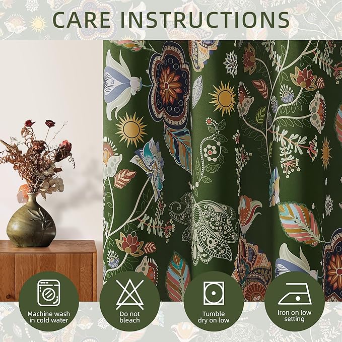 XiDi Green Floral Curtains 108 Inches Long 2 Panels Vintage Patterned Blackout Curtains for Living Room Thermal Insulated Grommet Luxury Cottage Core Botanical Printed Drapes Moss Green 52x108