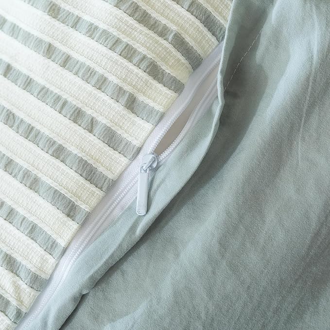 Striped Duvet Cover King Washed Microfiber Jacquard 3 Pieces Bedding Set, White Grayish Green Vertical Ticking Stripes Pattern Comforter Cover with Zipper Closure Breathable Durable Soft Comfy