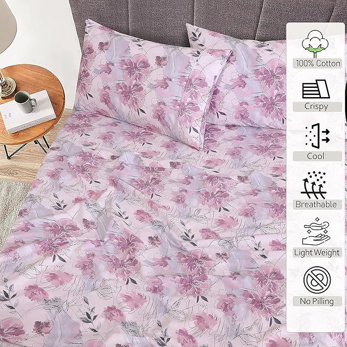 RUVANTI 100% Cotton Sheets Queen Size Set, 4 Pieces, Soft & Breathable Percale Weave Bedding, Deep Pocket 16", Hotel Standard, Crisp Cool Feeling, Durable, Perfect Floral Bed Sheet, Lilac Floral