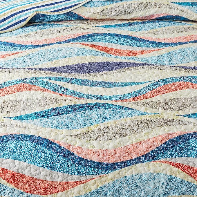 HoneiLife Qversized Queen Quilt - 106"x106" Coastal Quilt Sets, Beach Quilt 3-Piece, Nautical Bedspreads Ocean Coverlets, Lightweight Bed Cover, Summer Quilts