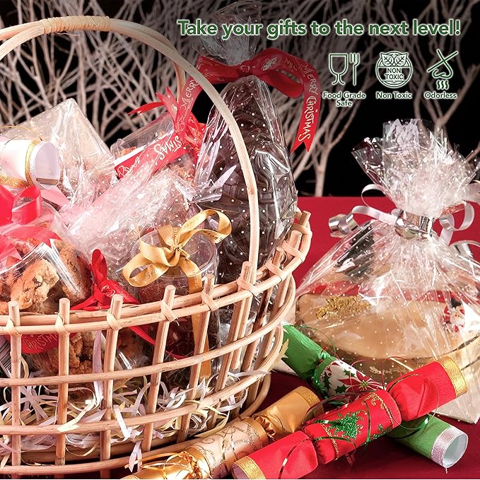 Extra Large Cellophane Gift Bags 35 x 47 Inch (12 Pack) — Clear Basket Wrap Bags for Gift Baskets, Holiday Packaging, Party Favors, DIY Gifts (Ribbon & Basket Not Included)