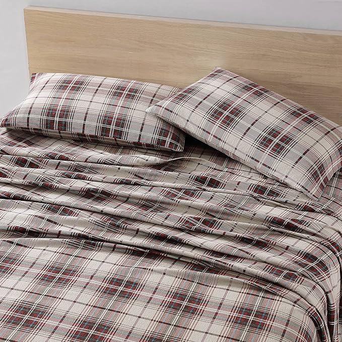 Eddie Bauer - Flannel Sheets King Size, Anti-Pilling & Wrinkle Resistant Cotton, Touchably Soft for All-Season Comfort - Bed Sheets with Matching Pillowcases & Fitted Sheet (Montlake Plaid Red)